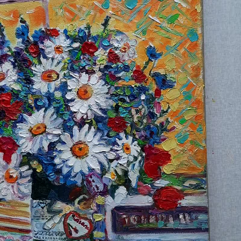 Daisies Art Original Paiting Wall Decor Oil Painting Oil On Canvas - 壁貼/牆壁裝飾 - 其他材質 黃色