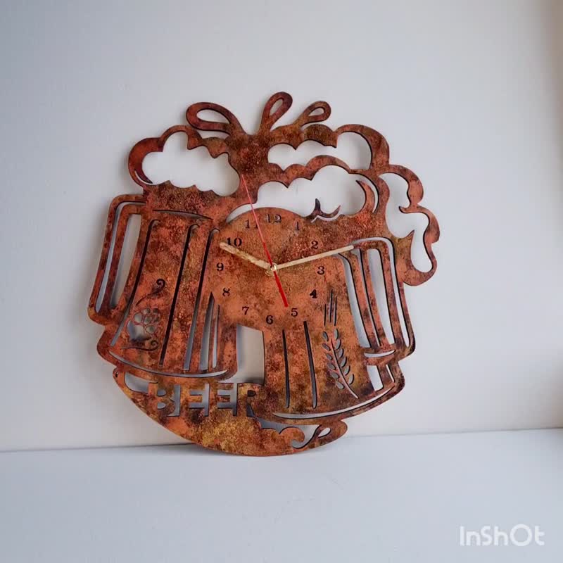 Beer wall clock for cafe Unique brown wall clock Hand made clock Silent clock - 時鐘/鬧鐘 - 木頭 咖啡色