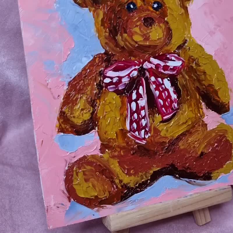 Original Oil Painting Stuffed Teddy Bear Nursery Wall Art Home decor Signed - 壁貼/牆壁裝飾 - 其他材質 多色