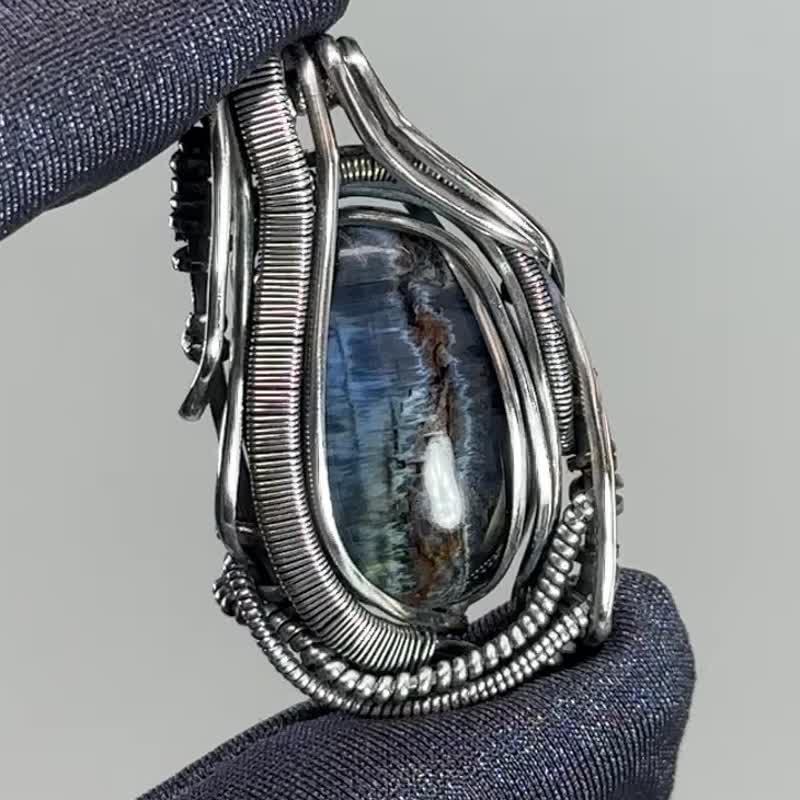 WAS083  Wire Wrapped Pietersite Pendant - Necklaces - Silver Blue