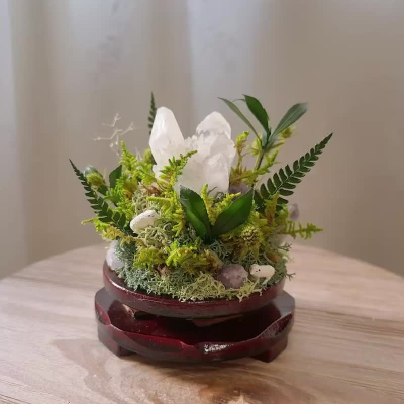 把清境農場帶給你 小觀景台。旋轉盤 菠蘿白水晶簇 永生葉材 - 盆栽/植栽 - 水晶 白色