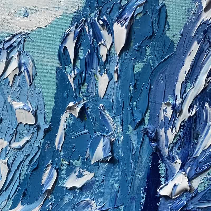 ภาพวาดภูเขาจีนต้นฉบับ Smoky Mountain Wall Art Impasto Oil Canvas - โปสเตอร์ - วัสดุอื่นๆ สีน้ำเงิน