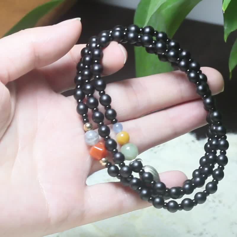 【黑曜石手串】精品玉石男女士佛珠送朋友生日節日禮物蓮花手鏈 - 手鍊/手環 - 玉石 黑色