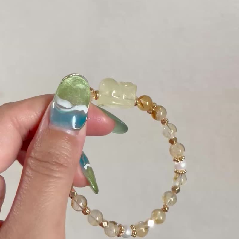 金曜引光 【黃水晶貔貅黃塔晶珍珠設計款手串】引財神器/一物一拍 - 手鍊/手環 - 水晶 黃色