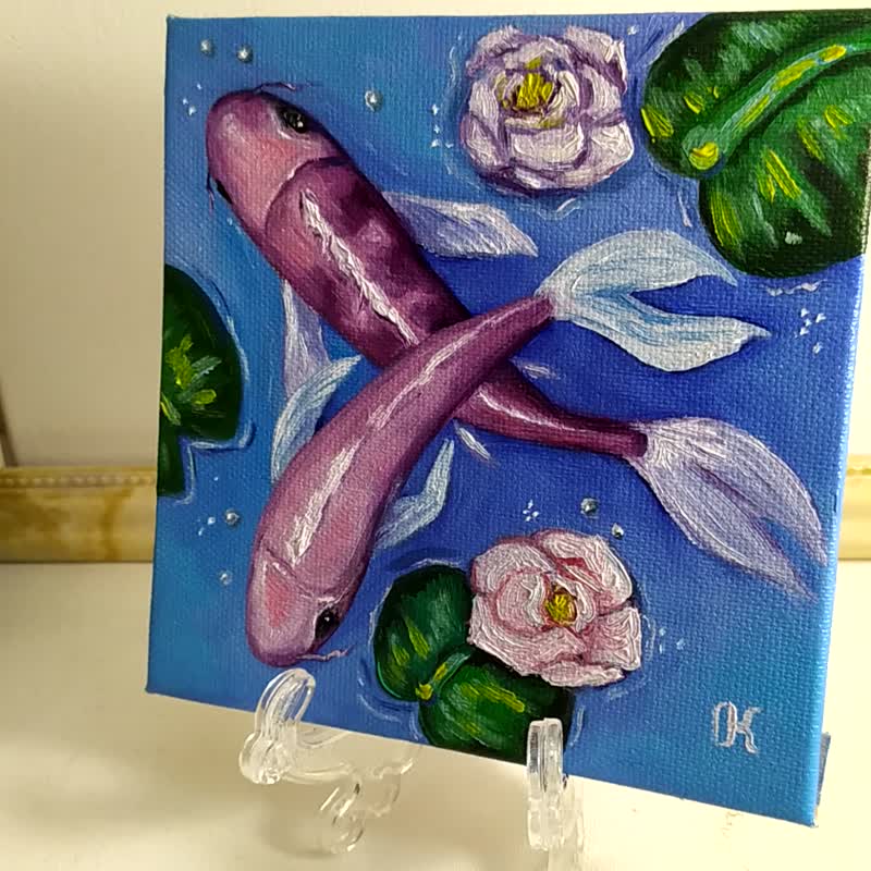鯉魚オリジナル油絵 魚のいる池ウォールアート 風水ミニチュアアートワーク - ポスター・絵 - その他の素材 多色