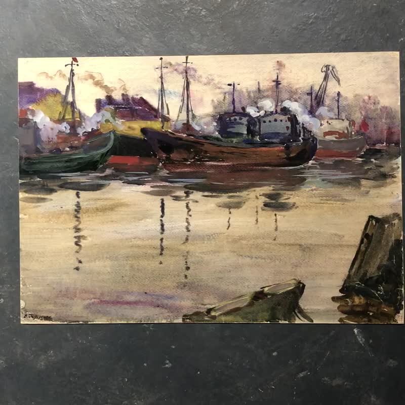 Ships in the Harbor Watercolor on Paper Wall Art Home Decor - 壁貼/牆壁裝飾 - 紙 