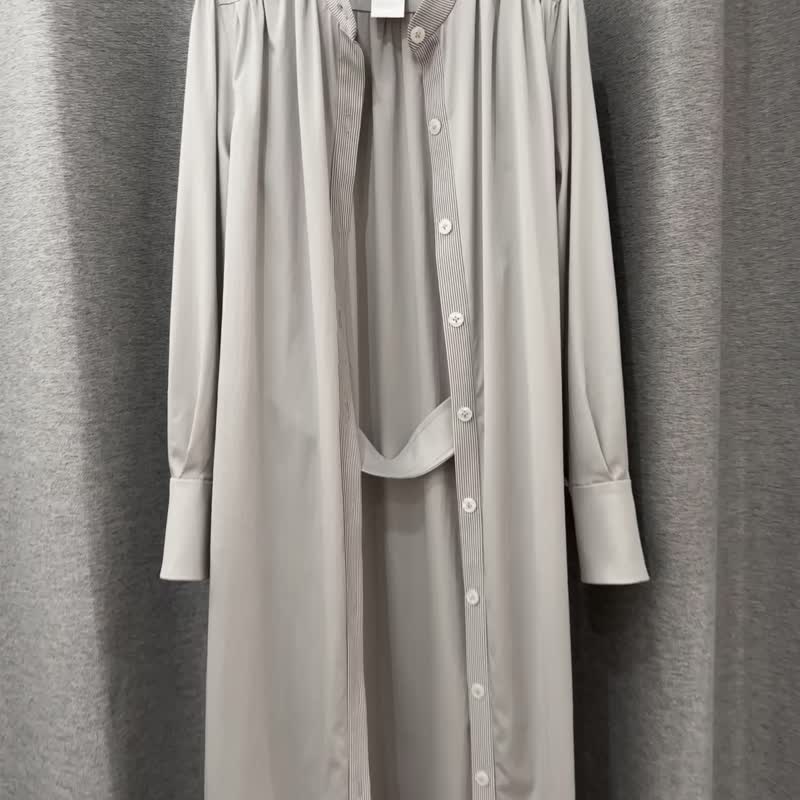 米灰長長襯衫洋裝 - 女襯衫 - 聚酯纖維 灰色