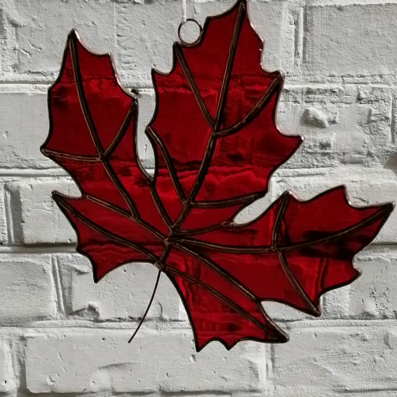 Japanese Red Maple Leaf Stained Glass Suncatcher Window Hanging, Fall Art Decor - Wall Décor - Glass Red