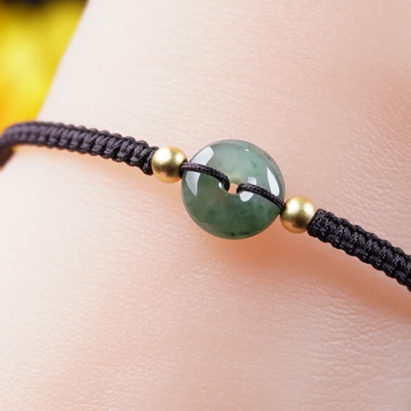 【願‧平安】冰種飄花翡翠平安扣編織手鍊 | 天然緬甸玉A貨翡翠 - 手鍊/手環 - 玉石 綠色