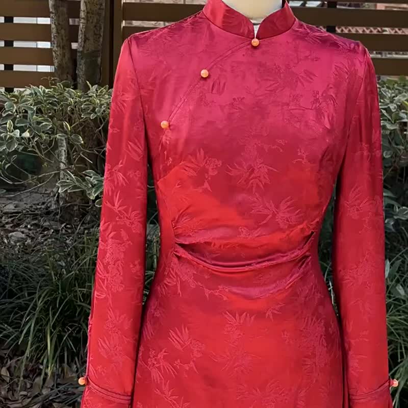 丹朱 酒紅色訂婚改良旗袍 日常可穿高端國風氣質 新娘婚禮敬酒服 - 旗袍 - 聚酯纖維 紅色