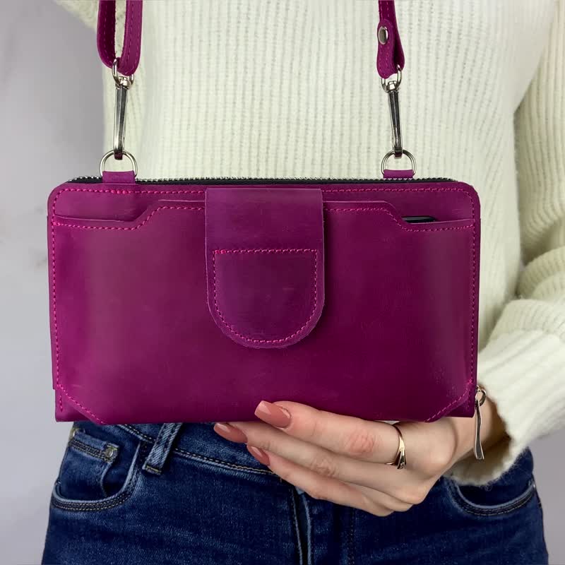 Small Leather Crossbody Bag/ Womens Shoulder Purse/ Phone Bag with Zipper - 手拿包 - 真皮 粉紅色