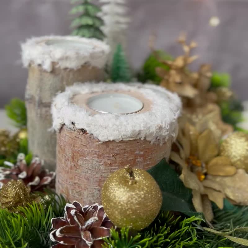 Candle Christmas centerpiece, Christmas table decor, Christmas arrangement - 乾燥花/永生花 - 木頭 金色