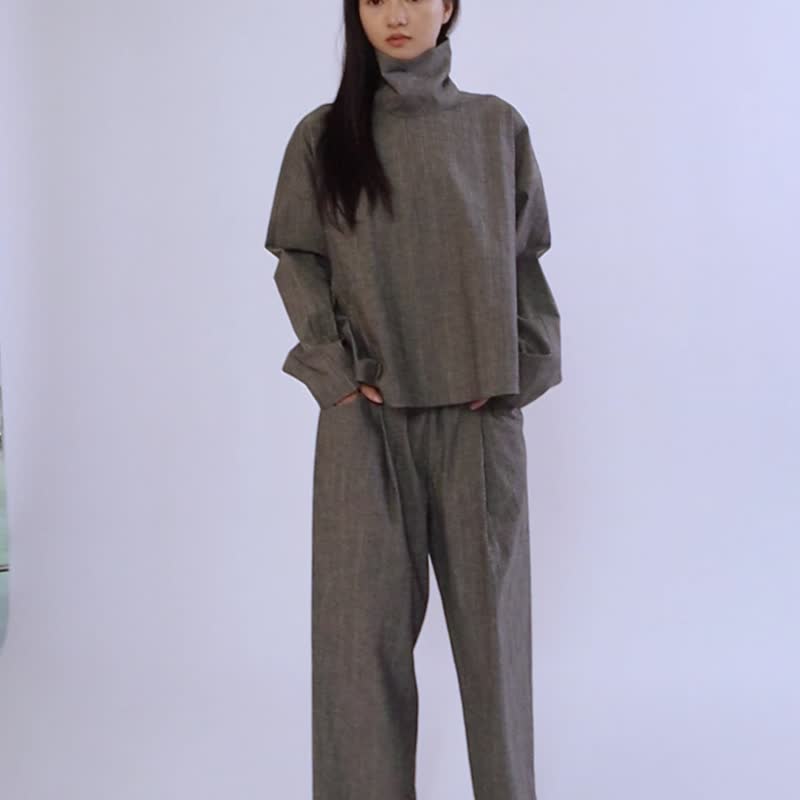 條紋棉麻高領廓形套頭襯衫 可前後兩穿 SH220516 - 女襯衫 - 棉．麻 灰色