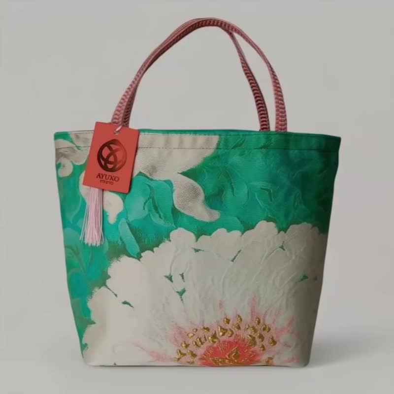 獨一無二100%絲質和服袋帶托特包 | 手工刺繡 | 親民版AFB | 日本 - 手提包/手提袋 - 絲．絹 綠色