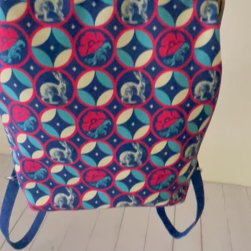 [In Stock + Pre-Order] Handmade Gold Canvas Backpack Rabbit & Poppy - Backpacks - Linen Blue