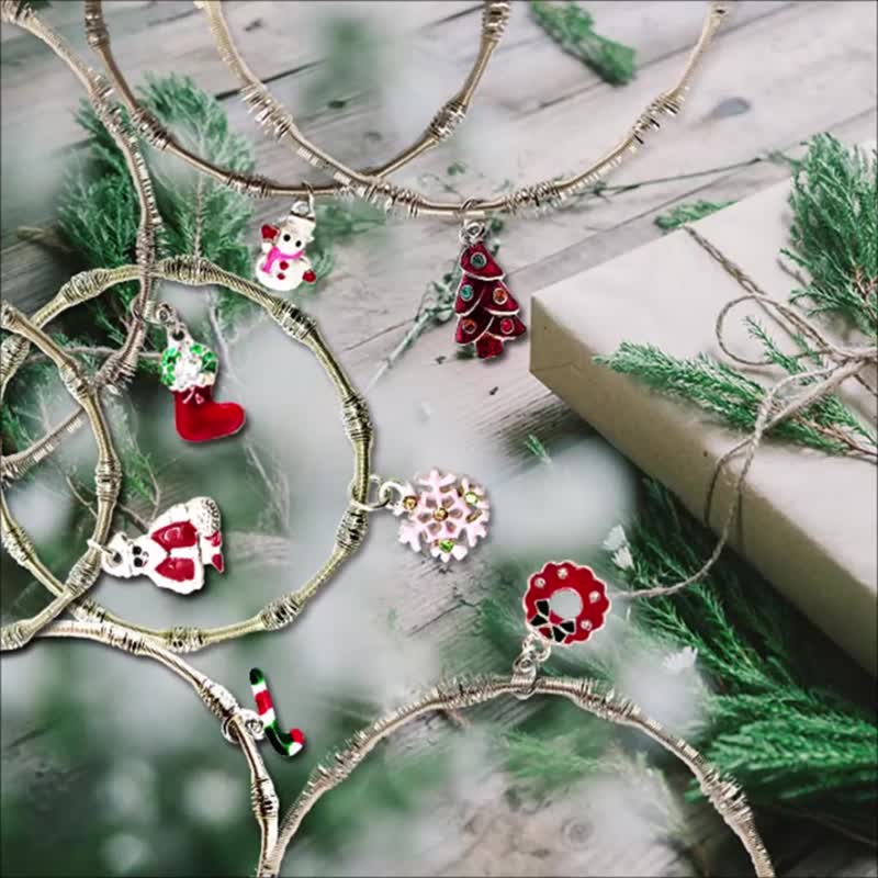 銀珠手鍊 紅針葉樹 粉色雪花 拐杖糖 桂冠花環 聖誕老人雪靴雪人 - 手鍊/手環 - 銀 多色