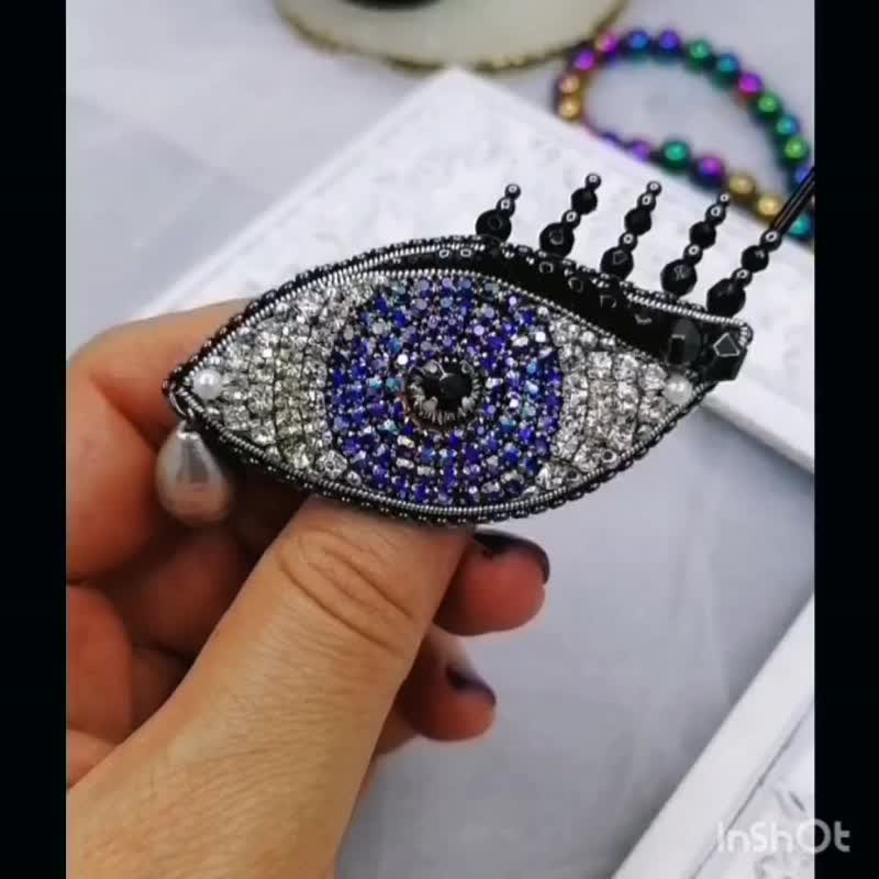 水晶 胸針 藍色 - Eye brooch, handmade brooch, Christmas gift, eye pin