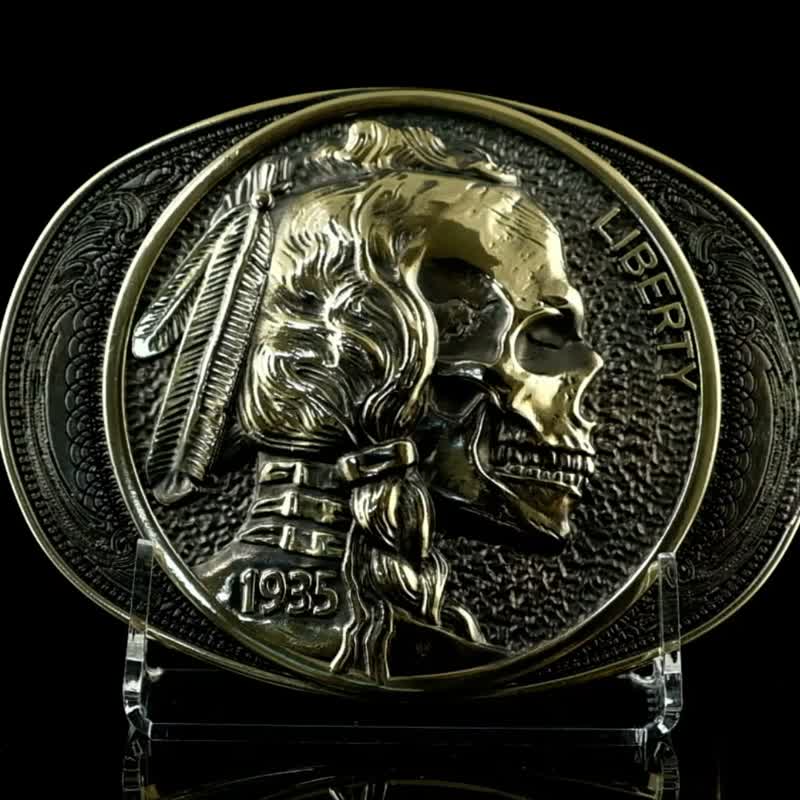 Indian Head Skull brass belt buckle, Native American, Apache Chief cowboy belt - Belts - Other Materials Gold