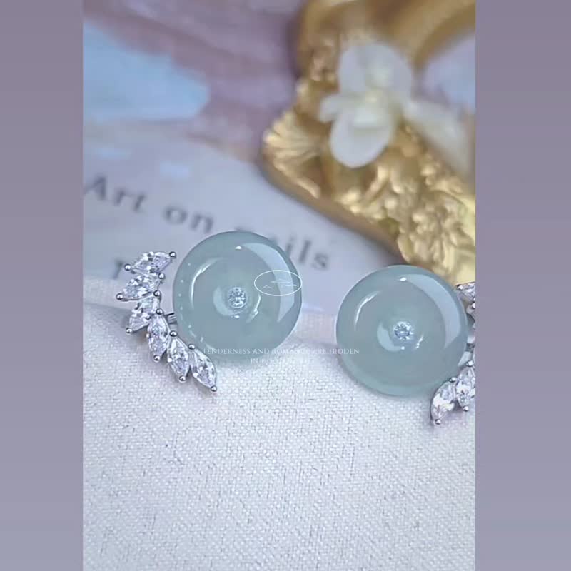 平安•順心•招財•圓滿|兩戴款冰膠藍平安扣| A貨翡翠純銀耳環 - 耳環/耳夾/耳骨夾 - 玉石 