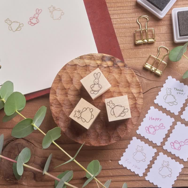 日本手作楓木印章三入組 - 貓咪、小熊、兔子可愛動物印章組 - 印章/印台 - 木頭 咖啡色