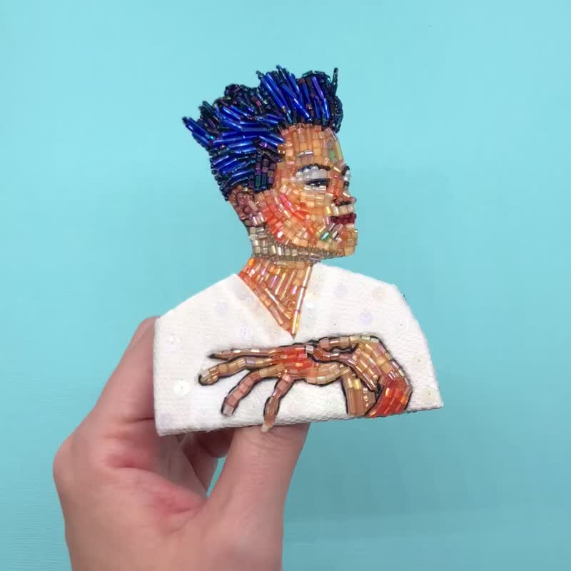 Egon Schiele self portrait beaded brooch Embroidery jewelry art - Brooches - Other Materials 