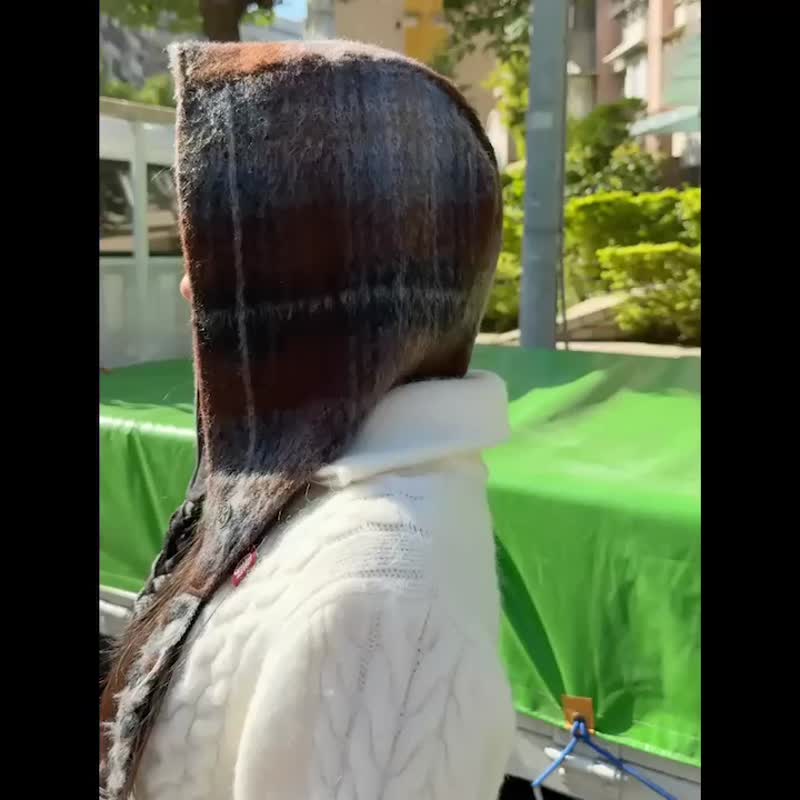 格紋連帽頭巾 - 帽子 - 聚酯纖維 黑色