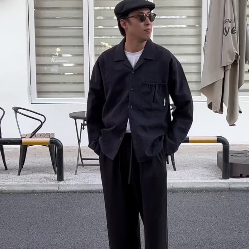 OUTER 日系潮流質感紋理口袋寬鬆外套 古巴領長袖Cityboy藏青男生 - 男襯衫/休閒襯衫 - 棉．麻 藍色