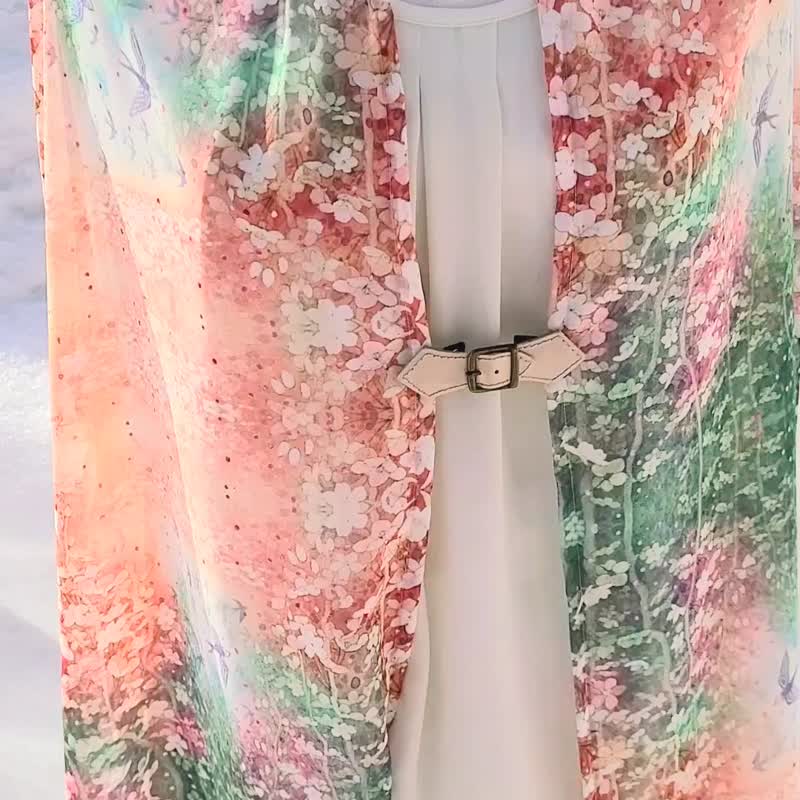 【Swallow and flower inn /scarlet】シフォンストール　スカーフ　ショール　つばめ　花　誕生日　母の日　華やか - 絲巾 - 聚酯纖維 紅色