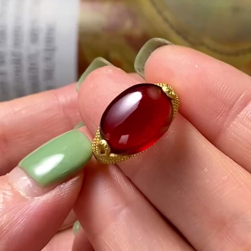 芬達色系石榴石925霧面鍍金戒指 - 戒指 - 水晶 紅色