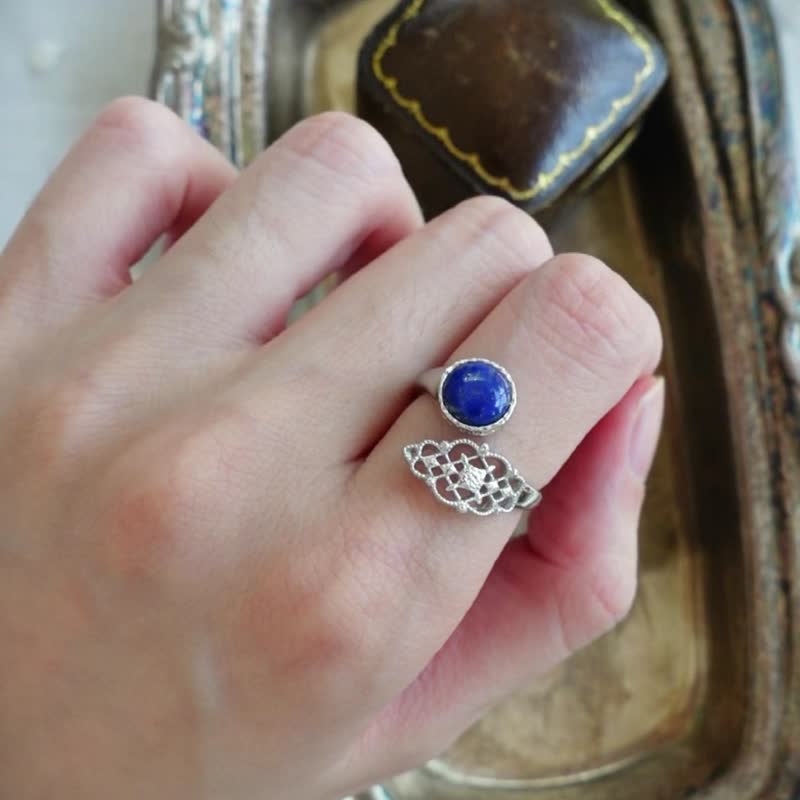 Small tail 925 Silver lapis lazuli open ring retro elegant literary classic - แหวนทั่วไป - เงินแท้ 
