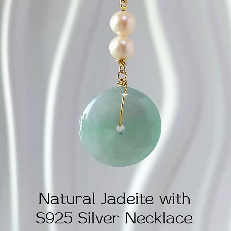 Natural Burmese Jade A Jade with Natural Freshwater Pearl S925 Silver Necklace Energy Stone - สร้อยคอ - หยก หลากหลายสี