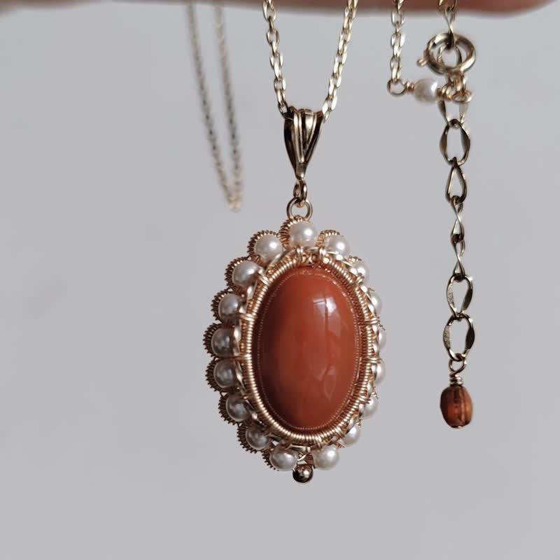 Vintage Red Agate Drop Pendant Pearl Nanhong Necklace 14k gold handmade jewelry - สร้อยคอ - เครื่องเพชรพลอย สีทอง