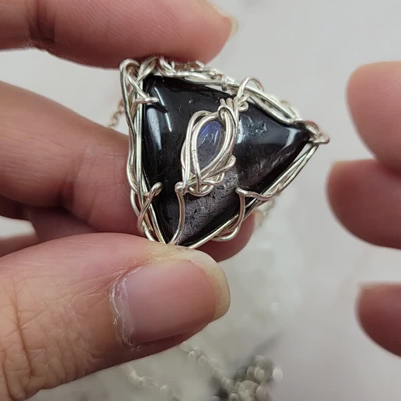 999純銀 手工繞線 金運石 配拉長石 短頸鍊 - 項鍊 - 水晶 