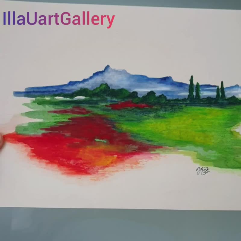 Tuscany Painting Original Art Landscape Wall Art Red Poppy Artwork Watercolor - 海報/掛畫/掛布 - 其他材質 多色