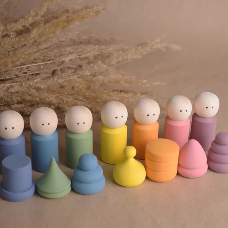 Wooden Peg Dolls Painted Little People Gnome Montessori Color Sorter Toy Unique - ของเล่นเด็ก - ไม้ สึชมพู