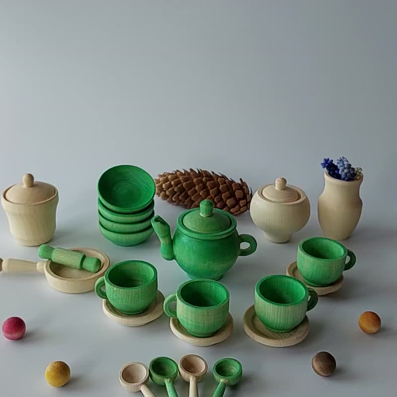 Wooden tea set Montessori Baby Toys Play kitchen Baby gift Wood toy - 嬰幼兒玩具/毛公仔 - 木頭 綠色