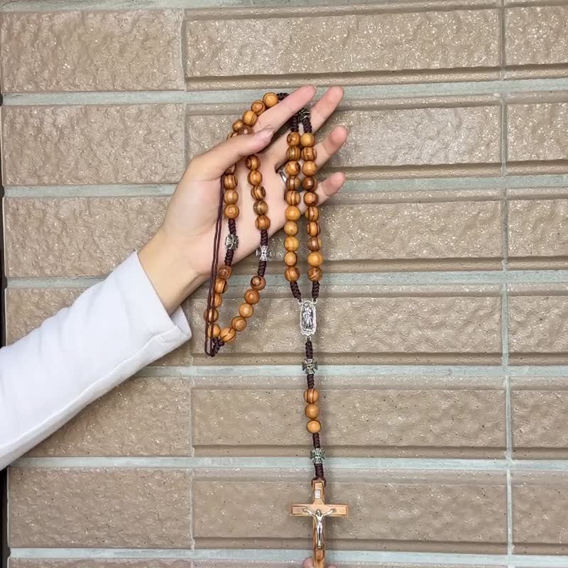 以色列進口玫瑰經念珠項鍊(橄欖木10mm)聖母十字架耶穌8231010 - 項鍊 - 木頭 多色