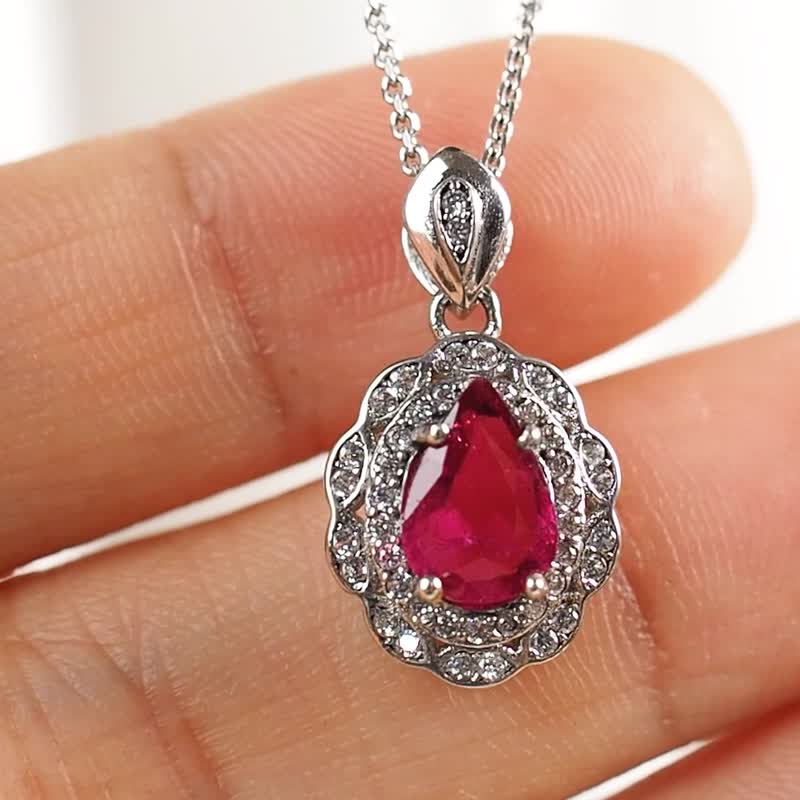 Gemstone series||water drop cut ruby ​​tourmaline||sterling silver pendant (excluding Silver) - สร้อยคอ - เงิน สีแดง