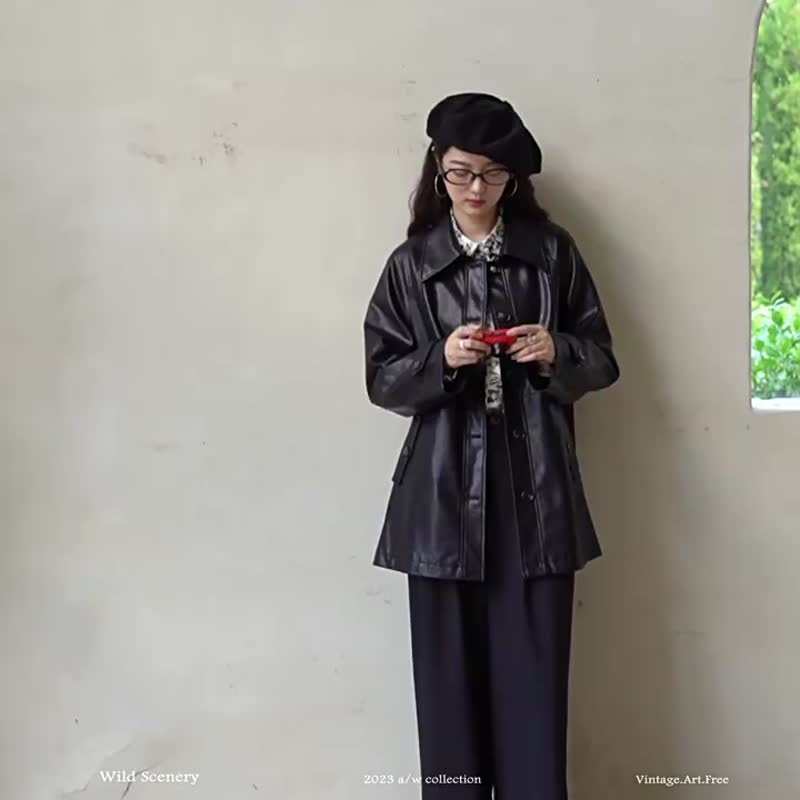 黑色 諾丁山 法式時髦翻領皮衣 A版廓形收腰繫帶機車皮衣外套 - 女大衣/外套 - 人造皮革 黑色