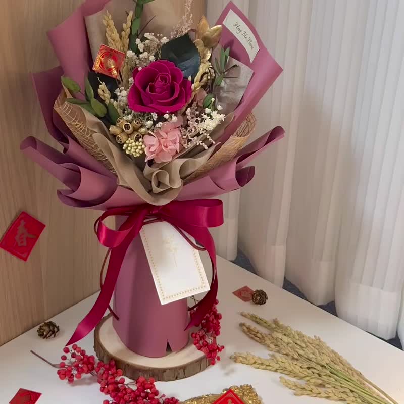 龍年吉祥 新年永生玫瑰花束 - 乾燥花/永生花 - 植物．花 紅色