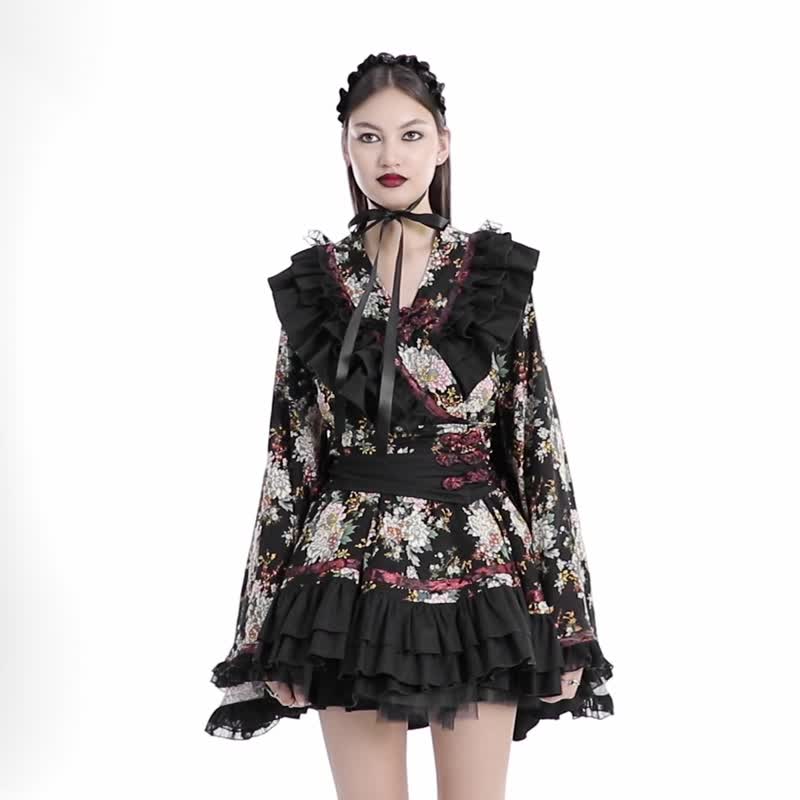 蘿莉塔魔法少女和服連身裙 / 六件套裝 / 腿套/頭飾/腰封/裙撐 - 洋裝/連身裙 - 其他材質 黑色