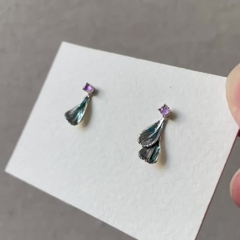 純銀紫水晶花瓣耳環 寶石可拆解 兩種戴法 - 耳環/耳夾 - 純銀 紫色