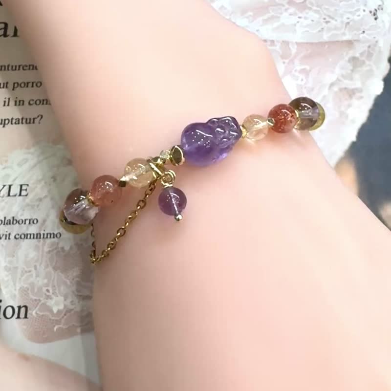 智慧與自信 紫兔毛貔貅 黃托帕 金太陽 紫黃晶 - 手鍊/手環 - 水晶 