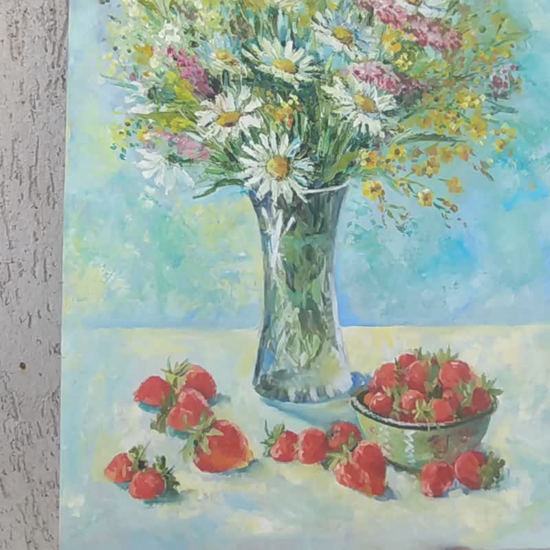 Daisy Painting Flowers Original Art Bouquet of flowers Wild flowers and berries - Posters - Other Materials Multicolor