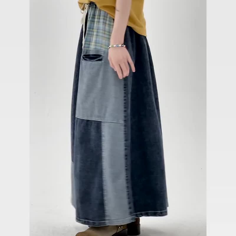 Japanese denim stitching small pockets contrasting color skirt artistic design casual mid-length skirt one size - Skirts - Cotton & Hemp Blue