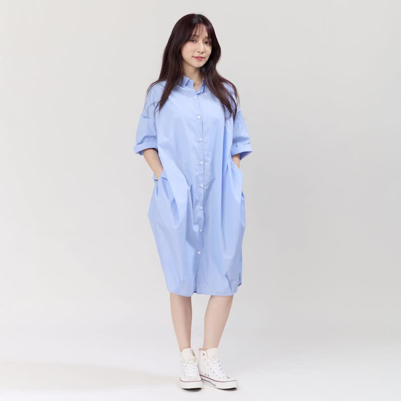 Nancy開襟棉質口袋連身裙洋裝 - 洋裝/連身裙 - 棉．麻 藍色