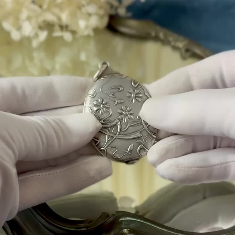 *50845- 絕美法國古董純銀新藝術風格折疊雙面小鏡/吊墜 - 其他 - 純銀 