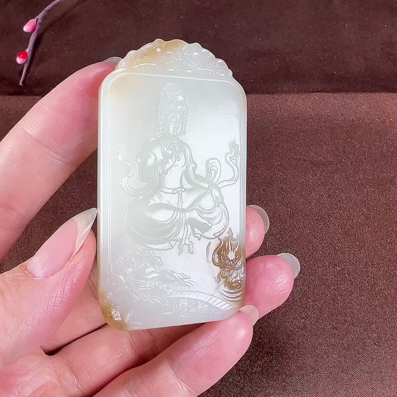 天然新疆和田玉且末糖羊脂玉御龍觀音吊墜玉質細膩溫潤色澤柔 - 吊飾/掛飾 - 玉石 