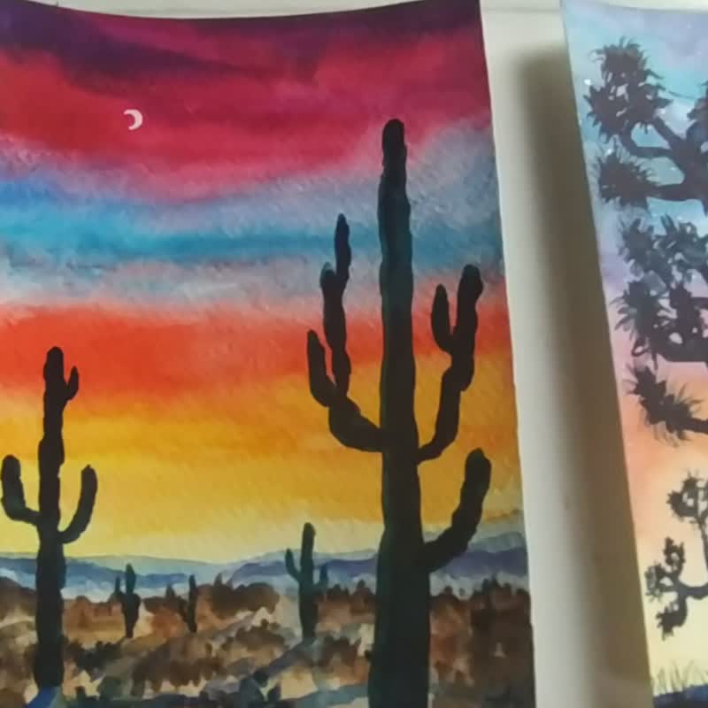 Cactus Painting Watercolor Set of 4 Paintings Joshua Tree Saguaro Art Desert - โปสเตอร์ - กระดาษ 