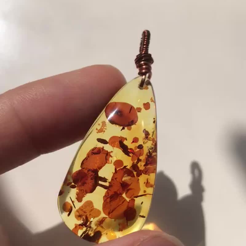 天然花珀 蜜蠟琥珀 Amber 樹脂 化石 吊墮 吊咀 天然水晶 冰透 - 項鍊 - 水晶 紅色